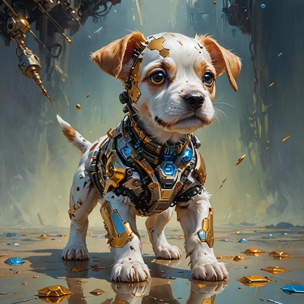 Hyperrealistic Cyborg Puppy in Oil Painting Style
