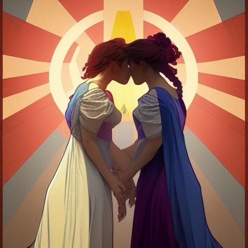 Two Women Kissing with Pride Flag Background