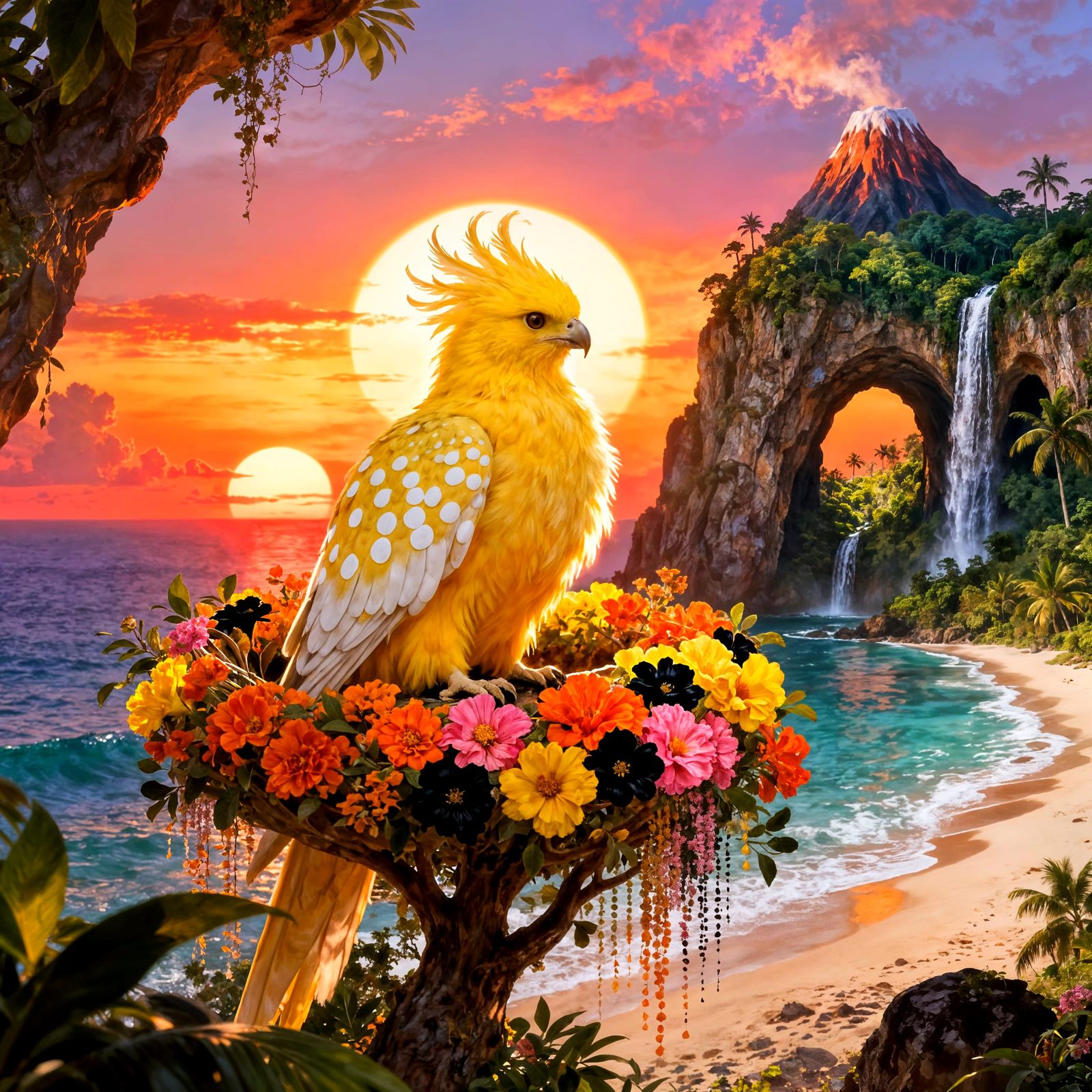 Fluffy Yellow Falcon in Tropical Shower Tree