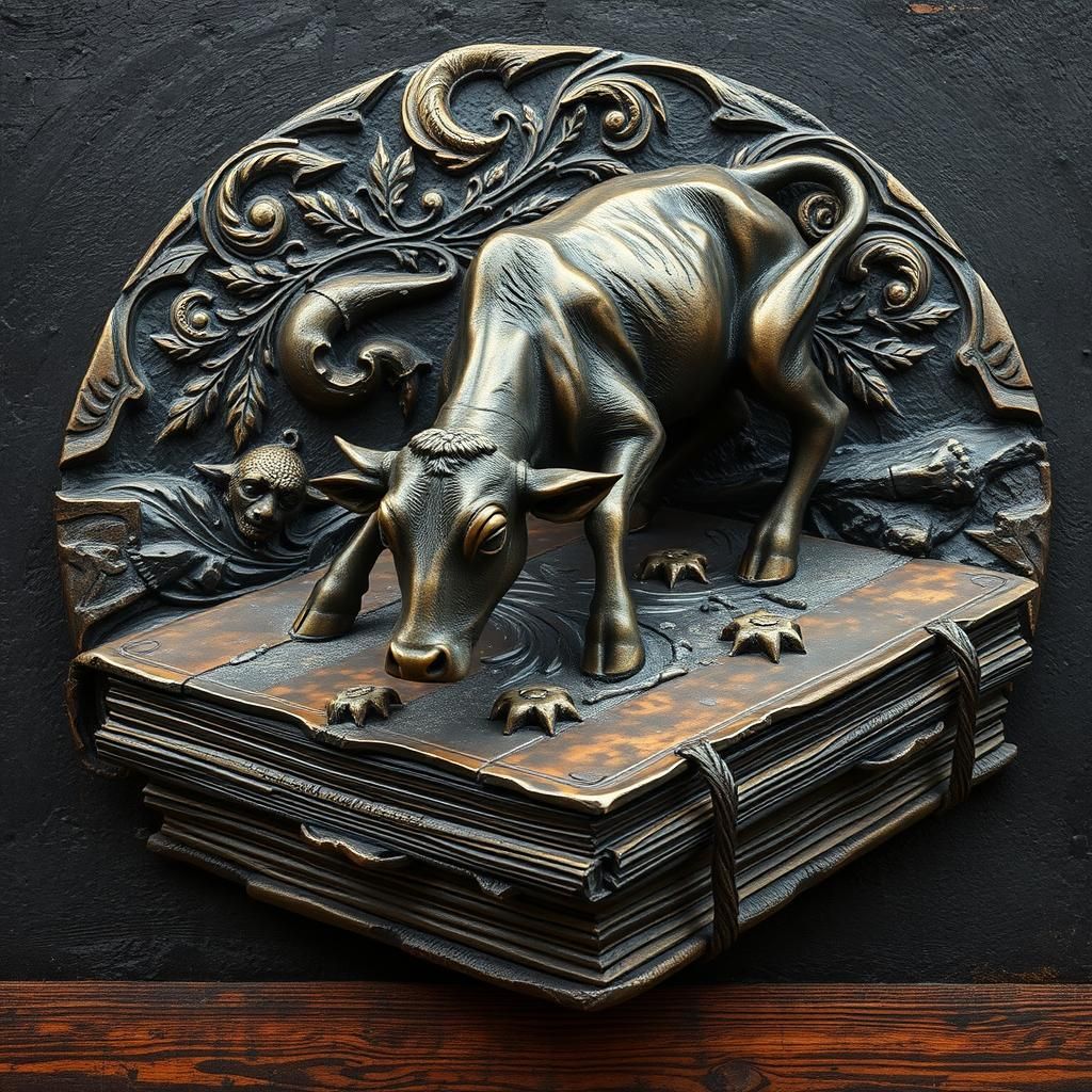 Bronze Cow Crawling on Ancient Book Sculpture
