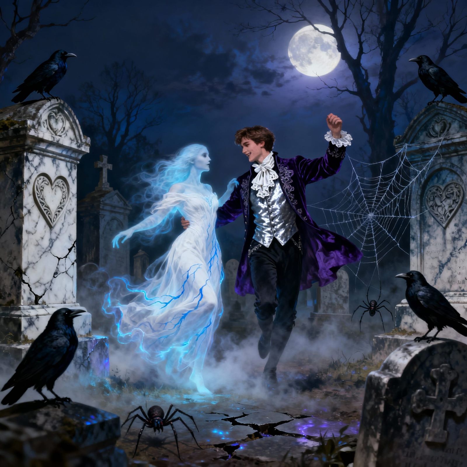 Victorian Ghost Dance in Moonlit Graveyard