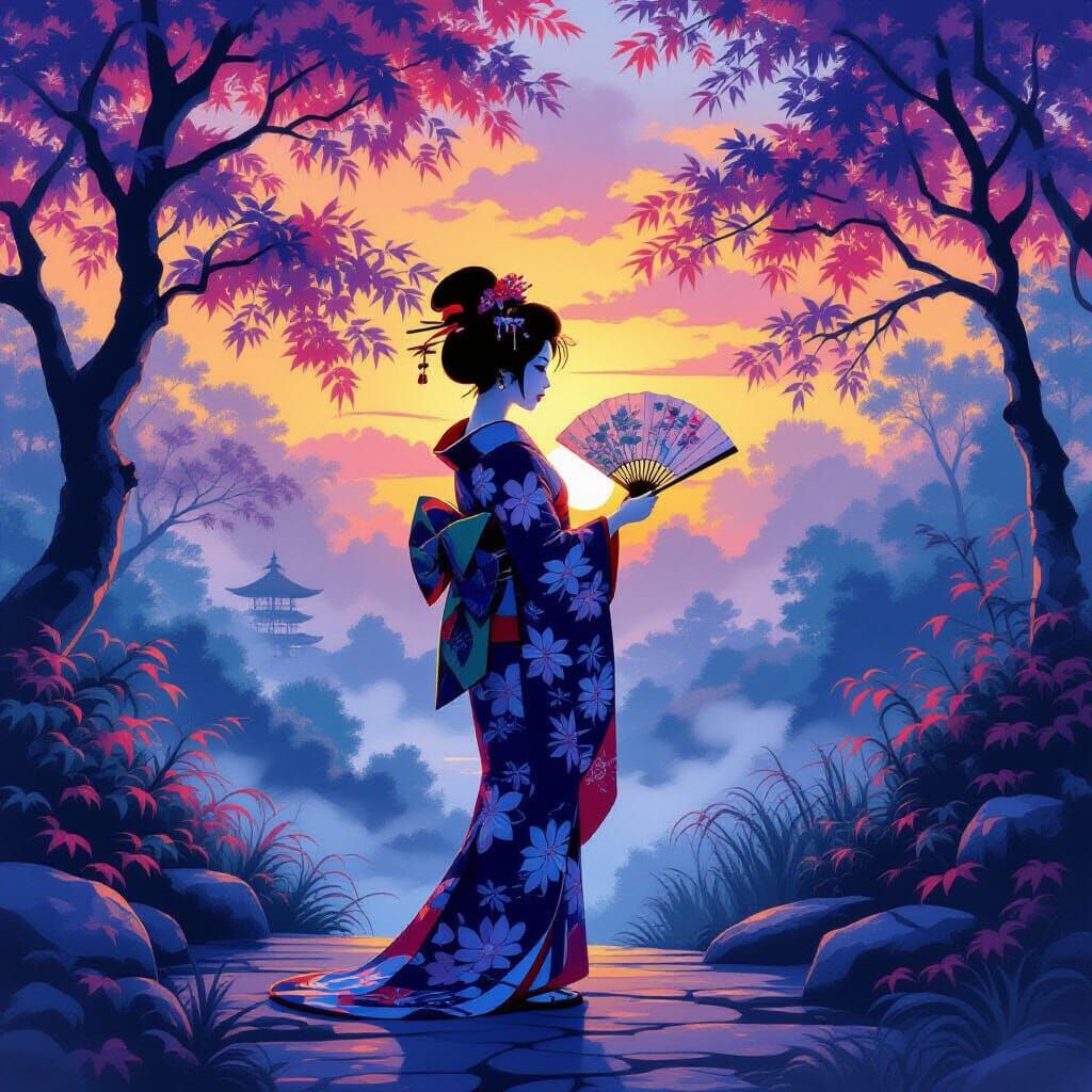 Geisha Silhouette in Vibrant Sunset Garden