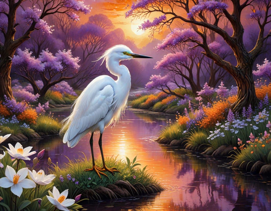 Egret in Lush Fairy Spring Landscape