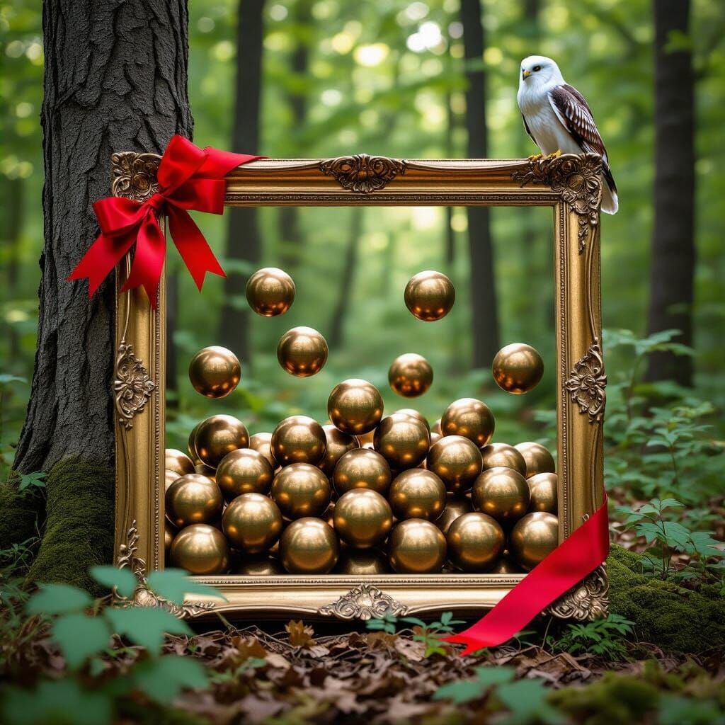 Antique Picture Frame with Bronze Spheres in Forest