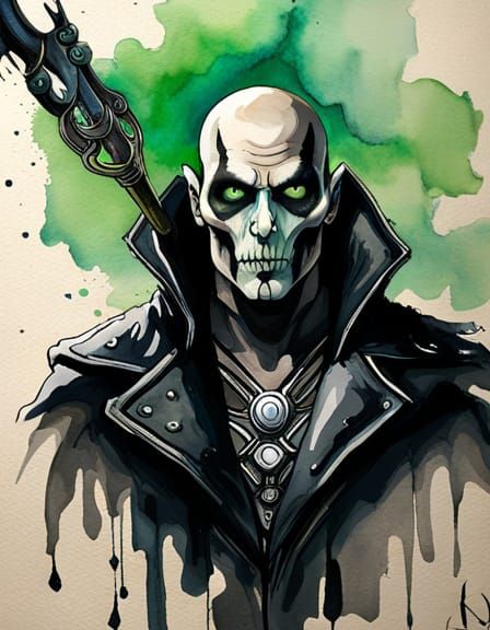 Watercolor Portrait of Sorcerer on Skull Throne