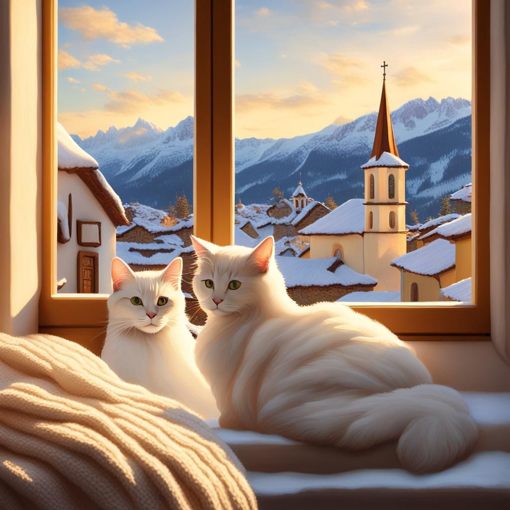 Cozy Cat Overlooks Alpine Village at Dawn