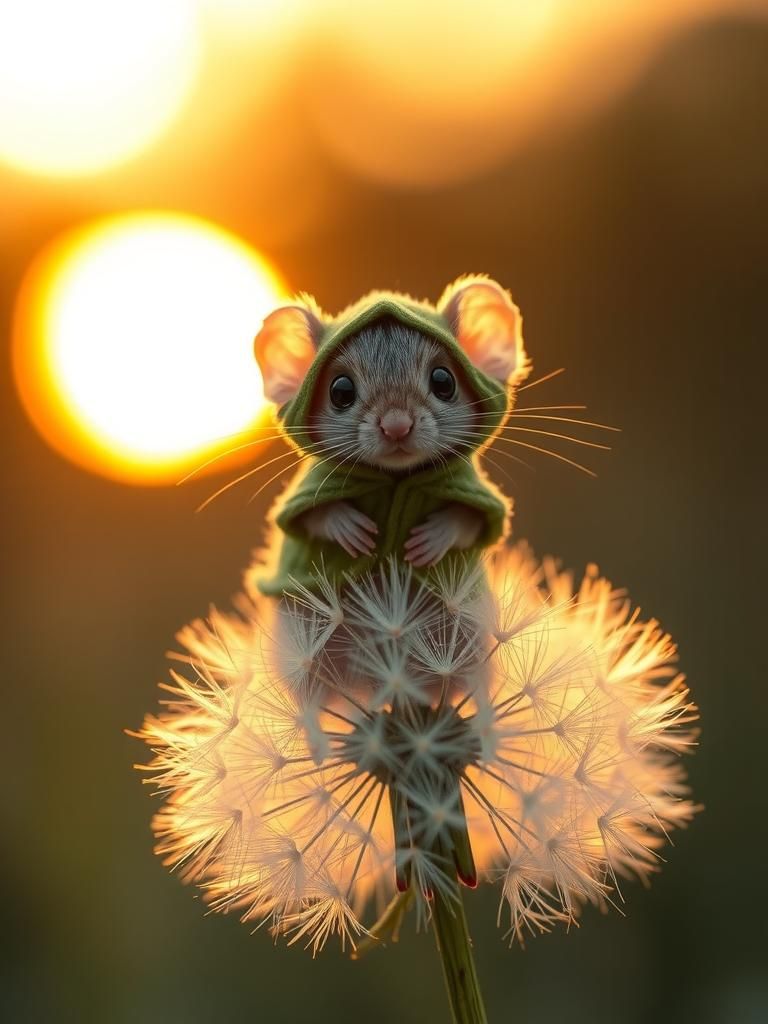 Harvest Mouse on Dandelion in Photorealistic Style