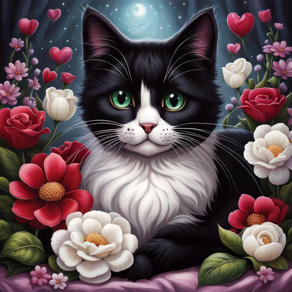 Cat Surrounded by Flowers in Anne Stokes Style
