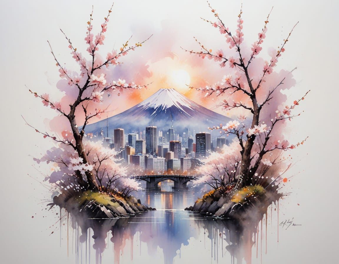 Tokyo Watercolor: Fuji, Cherry Blossoms & Pastel Skyscrapers