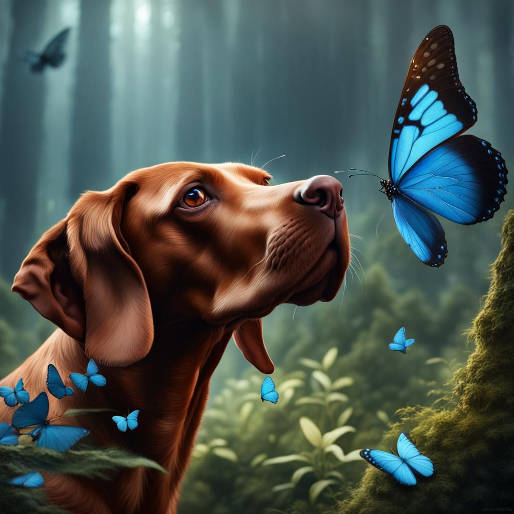 Vizsla and Blue Butterfly: Fantasy Concept Art