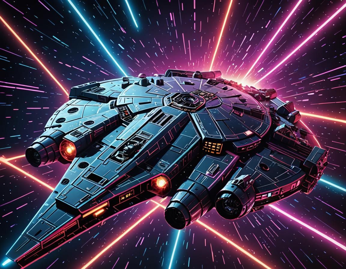 Synthwave Millennium Falcon Flying Through Binary Star Syste...