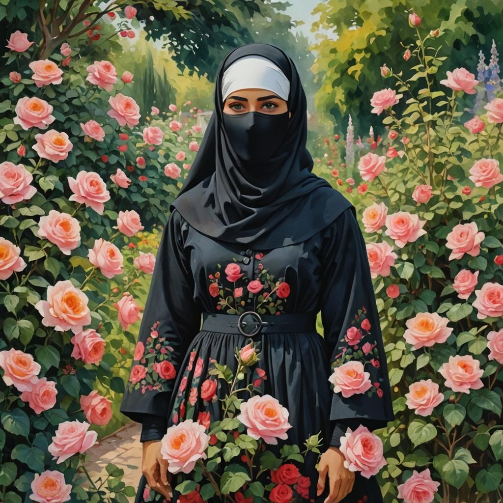 Niqabi Woman in Flower Garden as Gouache Painting