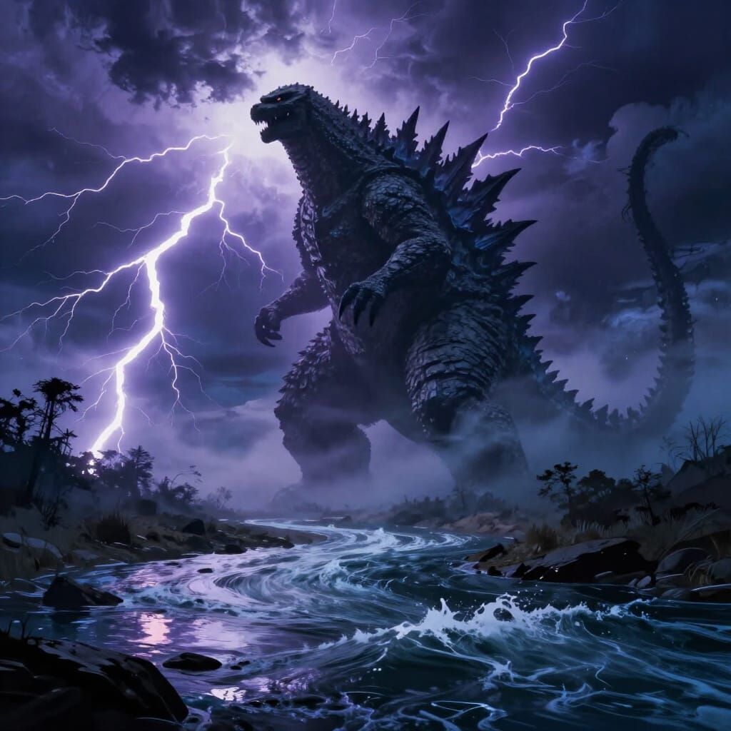 Godzilla Silhouette in Stormy Night Fog