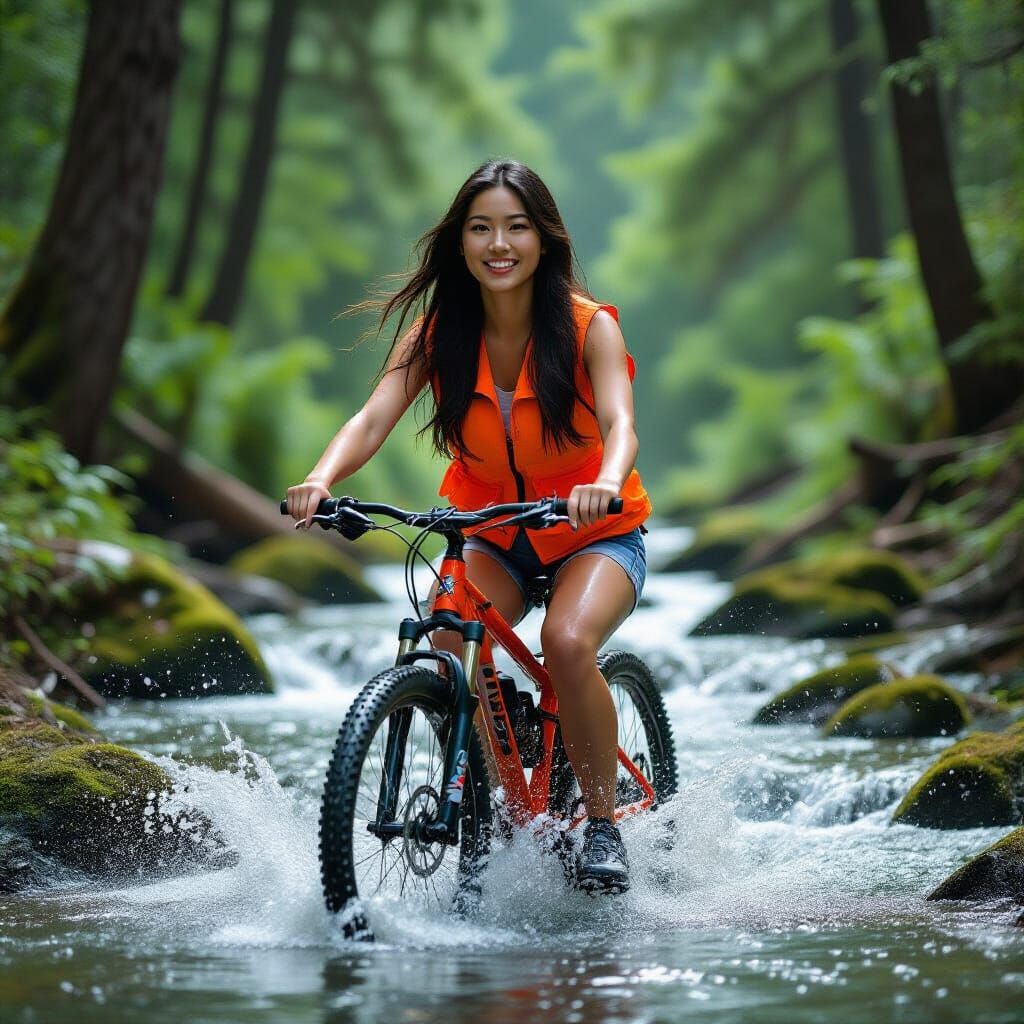 Woman Rides Mountain Bike Through Forest Stream