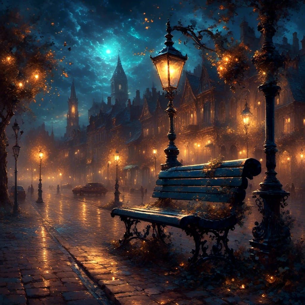 Lonely Bench at Night in Purple Fantasy Style