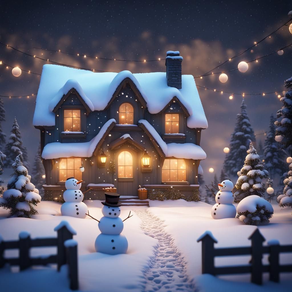 Christmas Cottage Under the Stars in Orphism Style