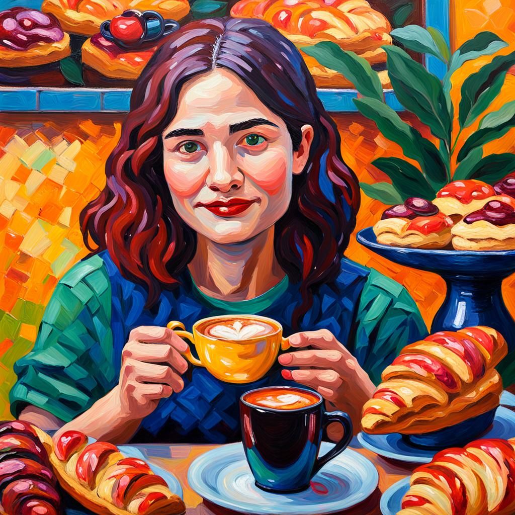 Neo-Impressionist Woman with Coffee and Pastries
