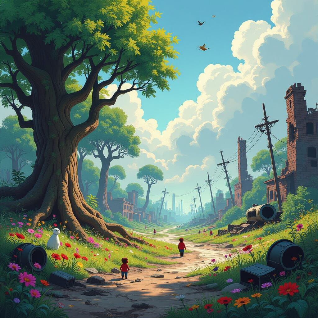 Vibrant Forest Meets War-Torn Wasteland Landscape
