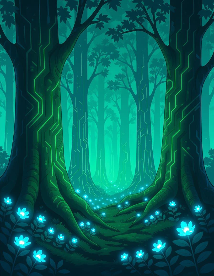 Bioluminescent Grove in Vintage Anime Style