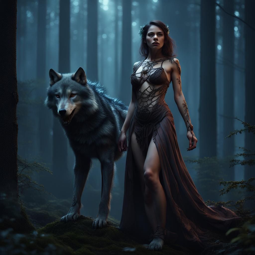 Wolf Woman in Dark Forest: Detailed Matte Painting