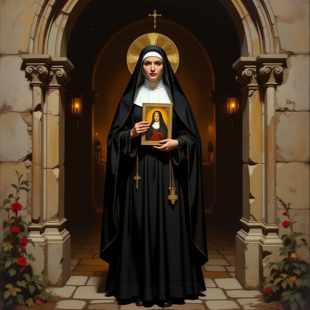 Nun with Saint Faustina Picture in Mysterious Gothic Setting