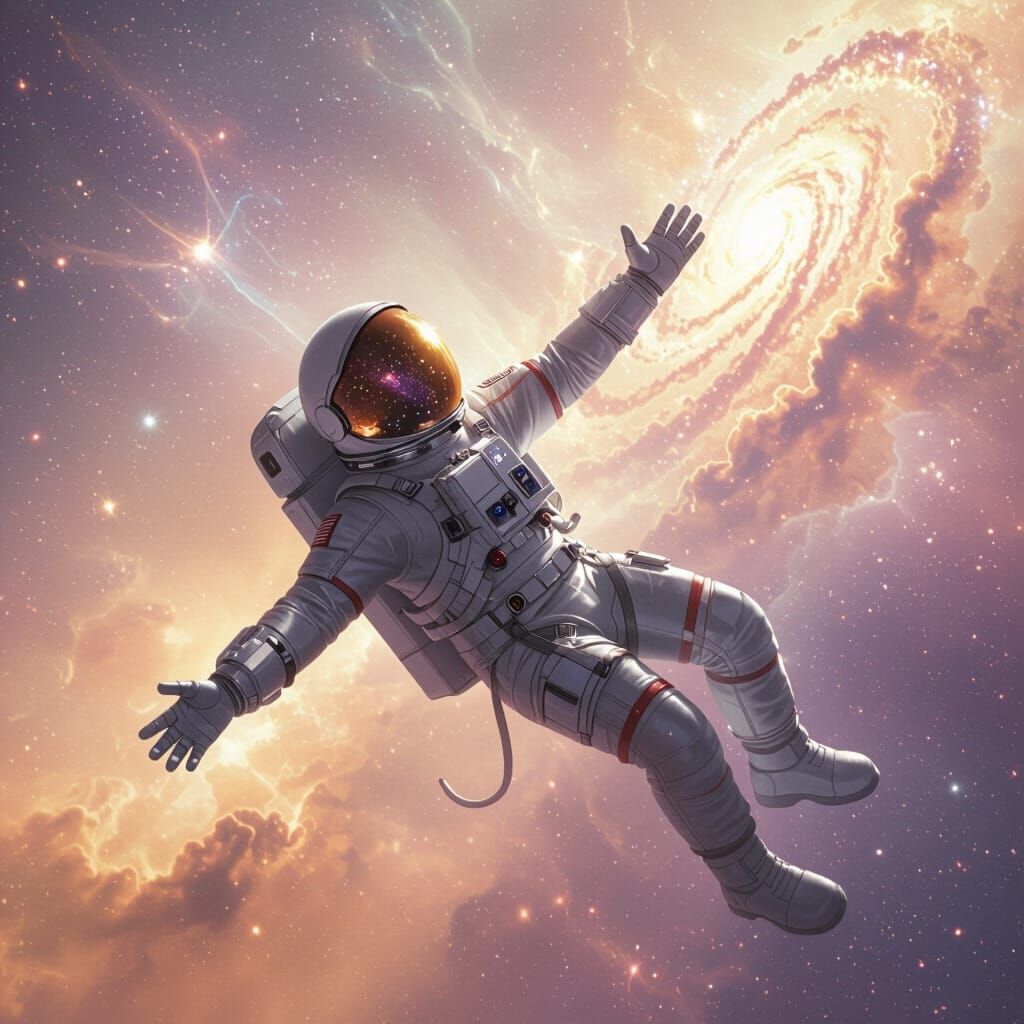 Astronaut Drifting in Nebula Reaching for Galaxy