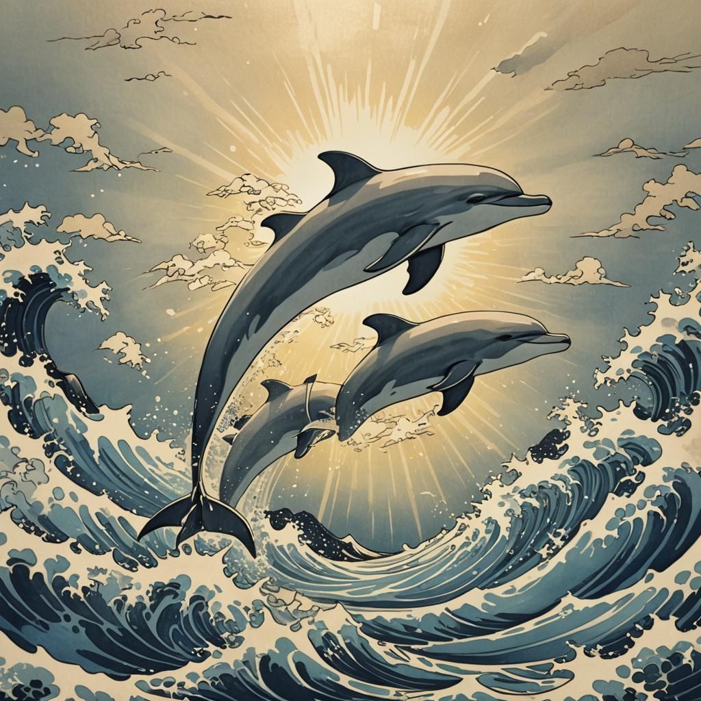 Dolphin Leaping in Sunshine: Hokusai Style