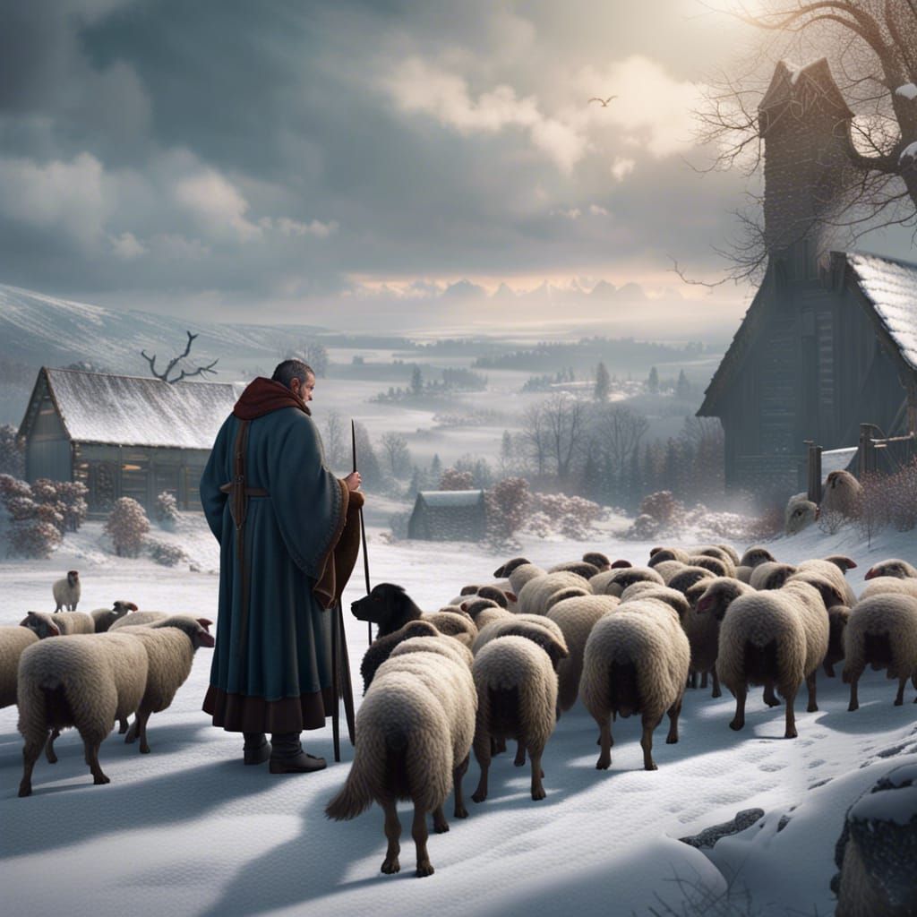 Gothic Shepherd Herding Sheep on Snowy Farm