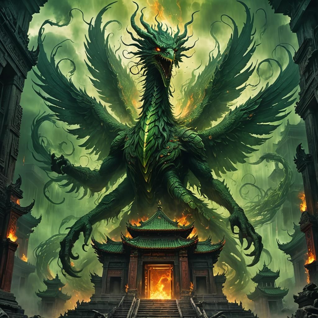 Demonic Phoenix Rising from Chinese Temple Ruins