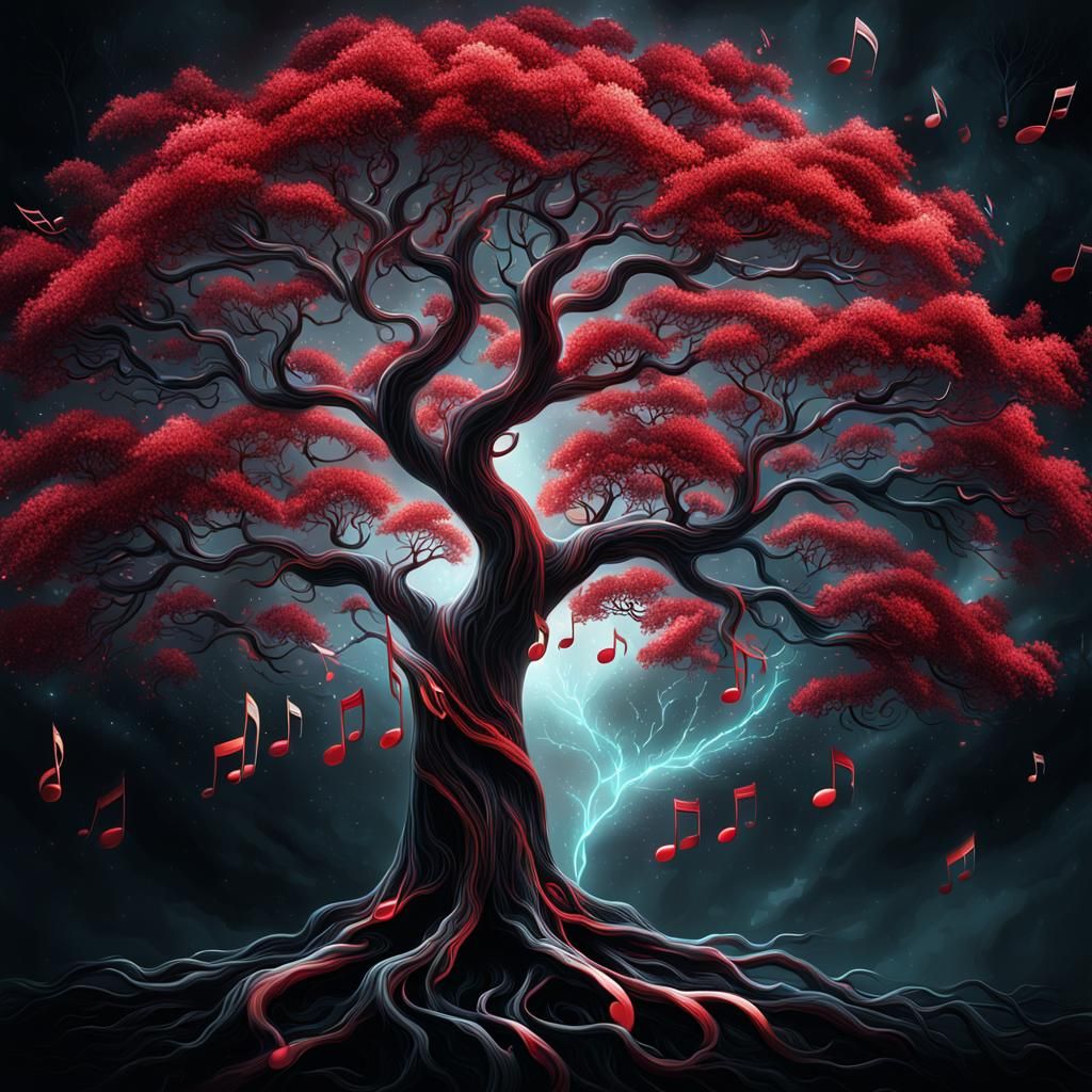 A tree of life with branches shaped like red and glowing mus...