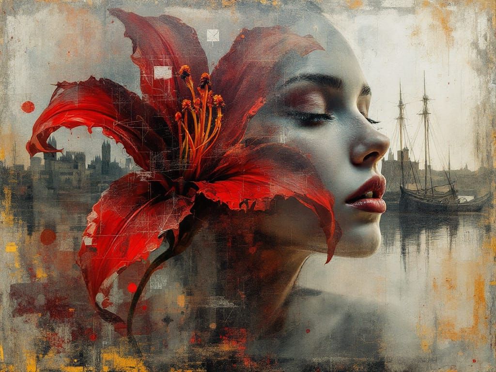Woman Portrait with Red Lily in Grunge Oil Painting Style