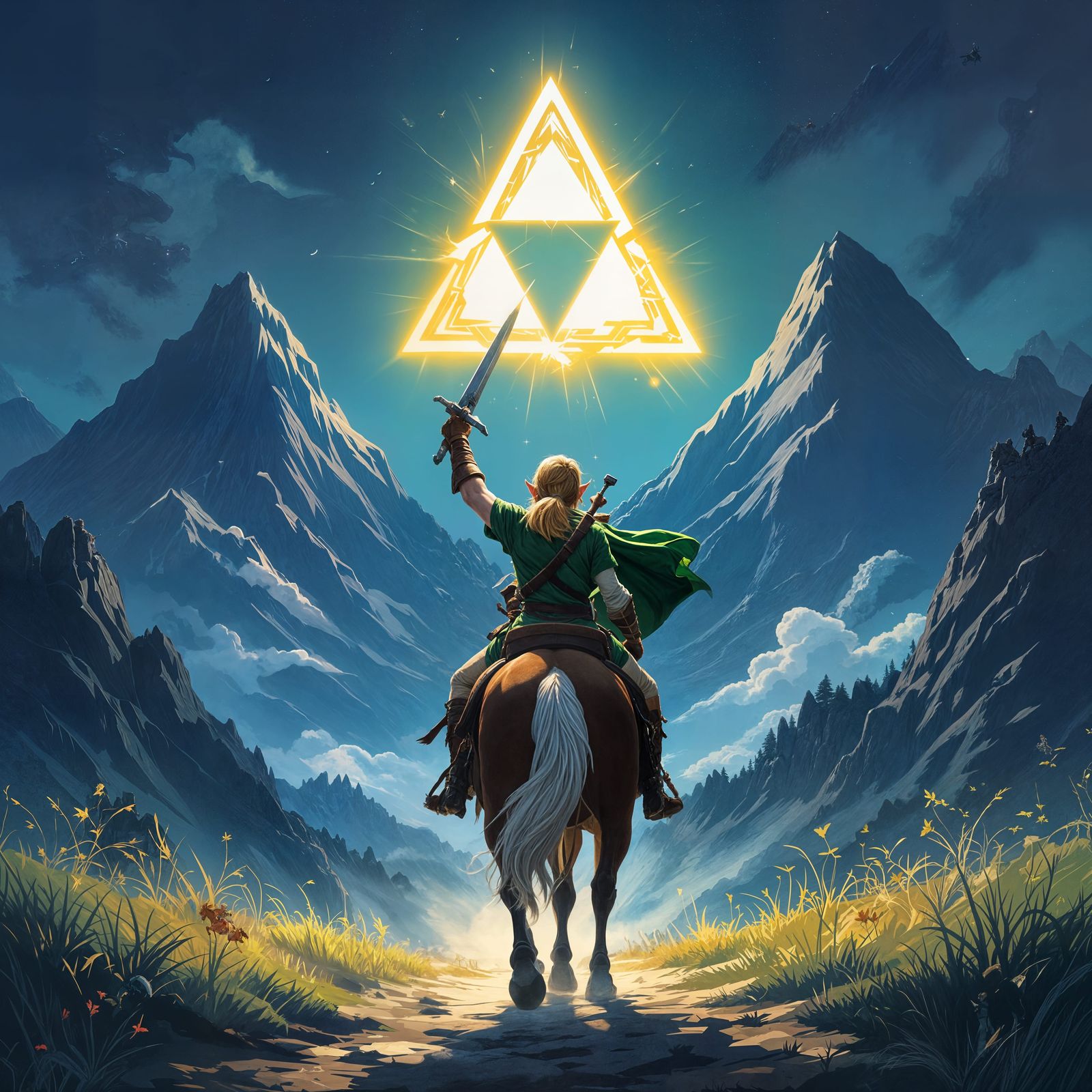 Link Rides Horse Towards Dark Mountains with Triforce