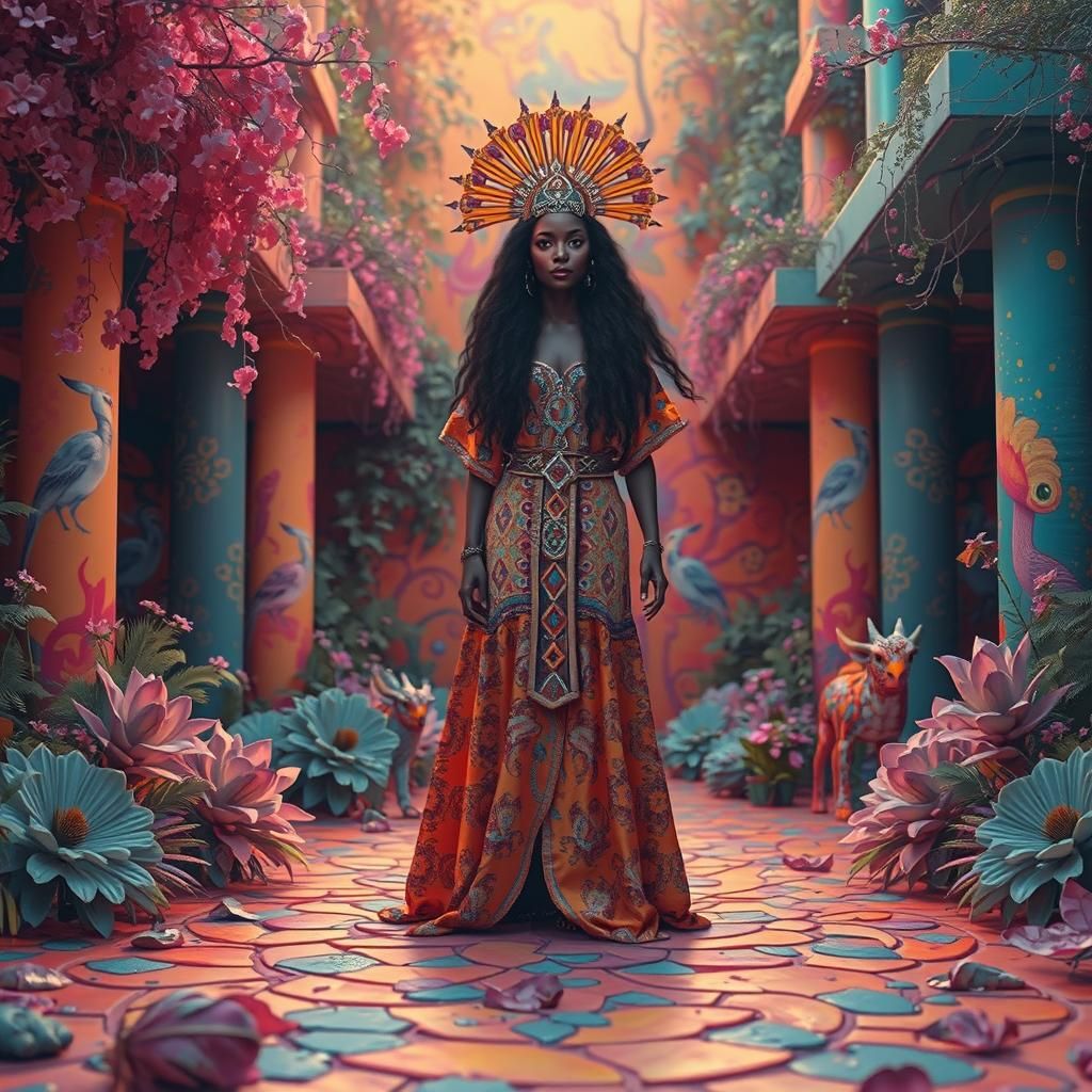 Regal African Queen in Ornate Jungle Landscape