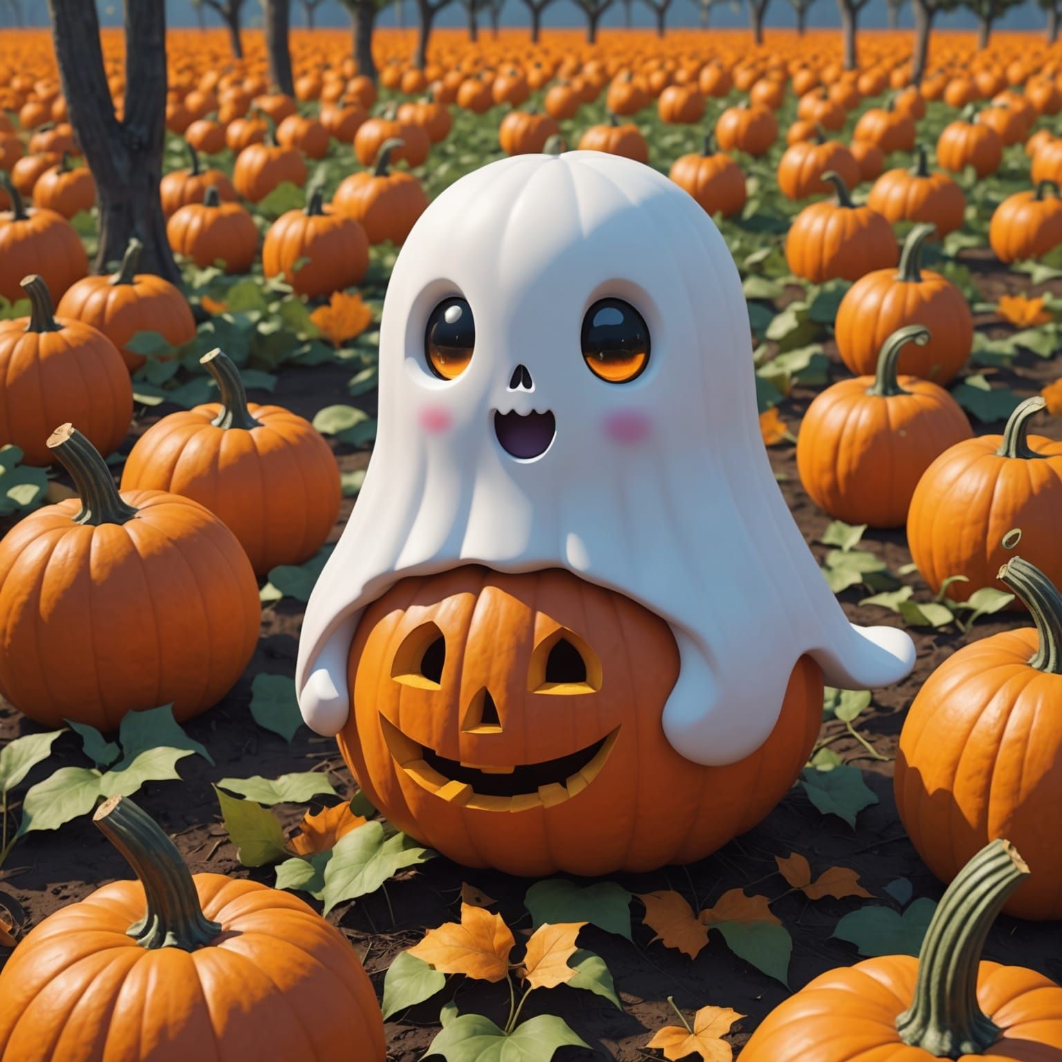 Cute Ghost in Pumpkin Patch, 3D Anime Art