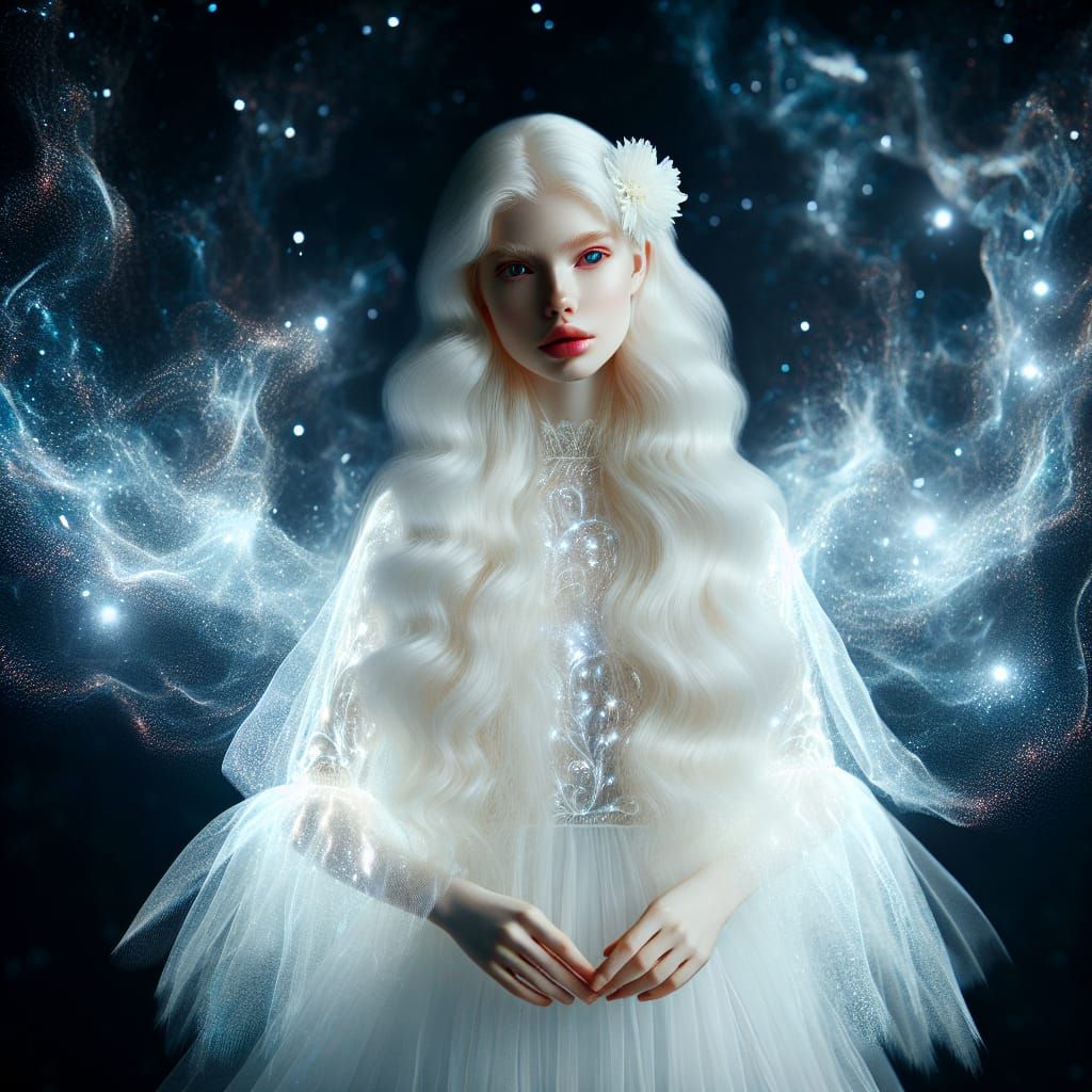 Ethereal Albino Woman in Luminescent Gown