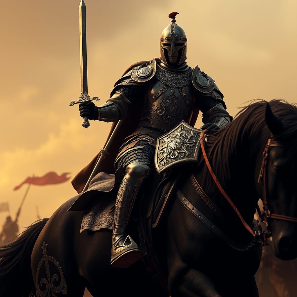 Medieval Knight on a Majestic Stallion in a Vintage Oil Pain...