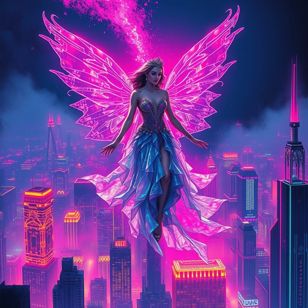 Faerie Queen in Neon Retro-Futuristic Cityscape