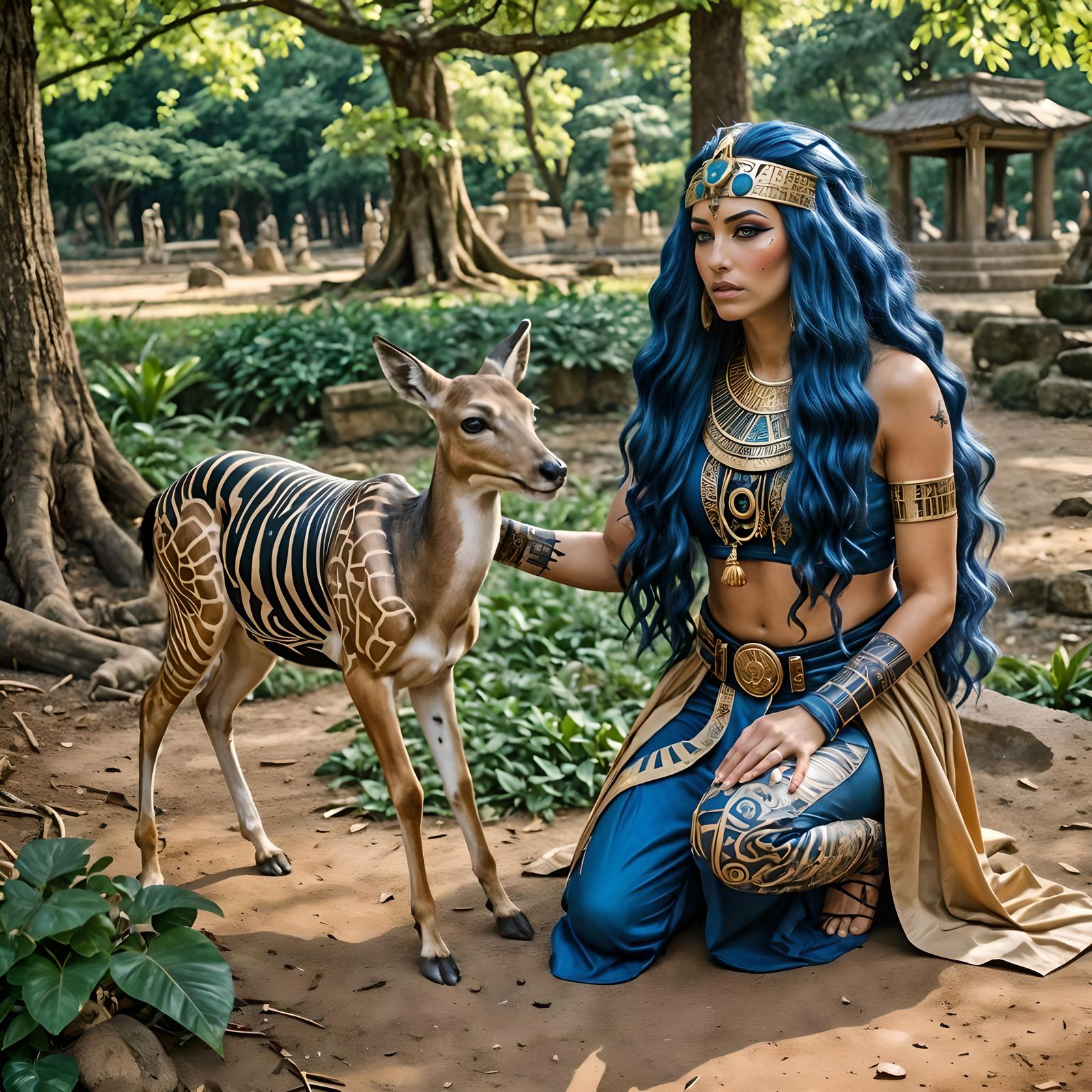 A beautiful Egyptian woman with very long, flowing blue hair...