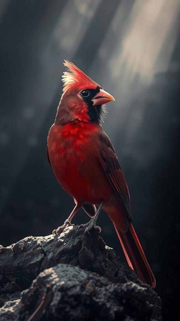 Red Cardinal in Stormy Sky with God Rays