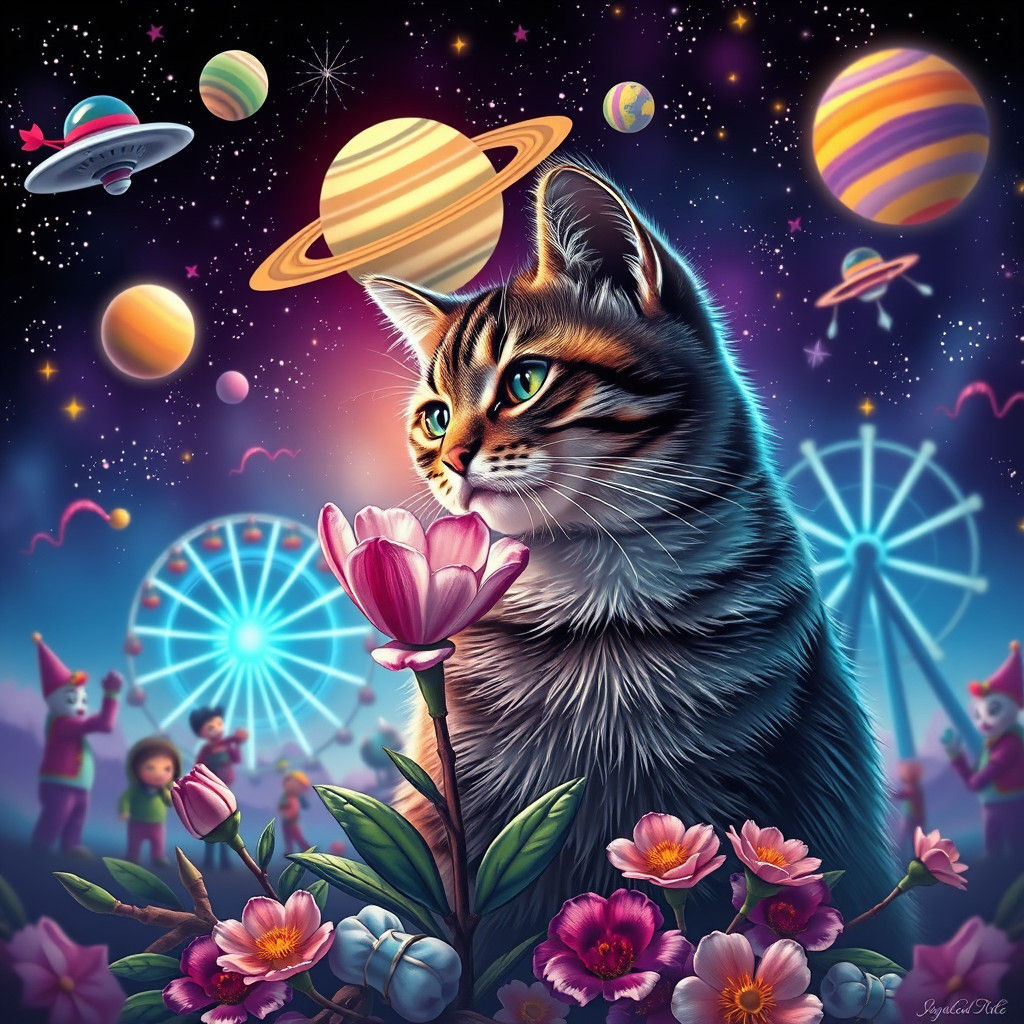 Photorealistic Cat Amidst Whimsical Outer Space Scene