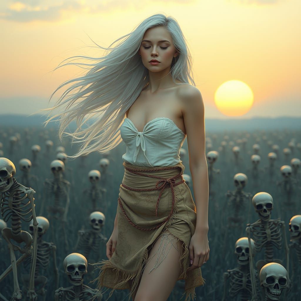 Ethereal Woman in Skeleton Field, Digital Painting
