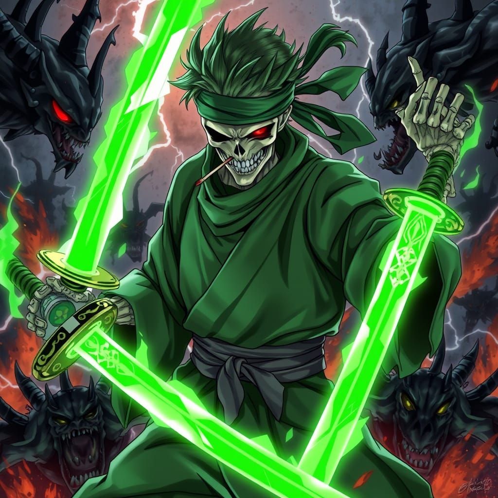 Skeletal Warrior Zoro in Anime Style