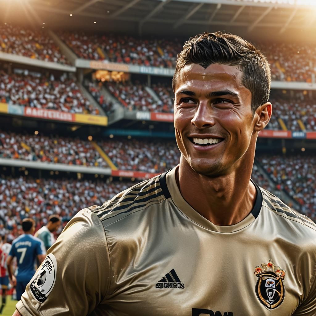 Cristiano Ronaldo Smiling Portrait in Soccer Stadium