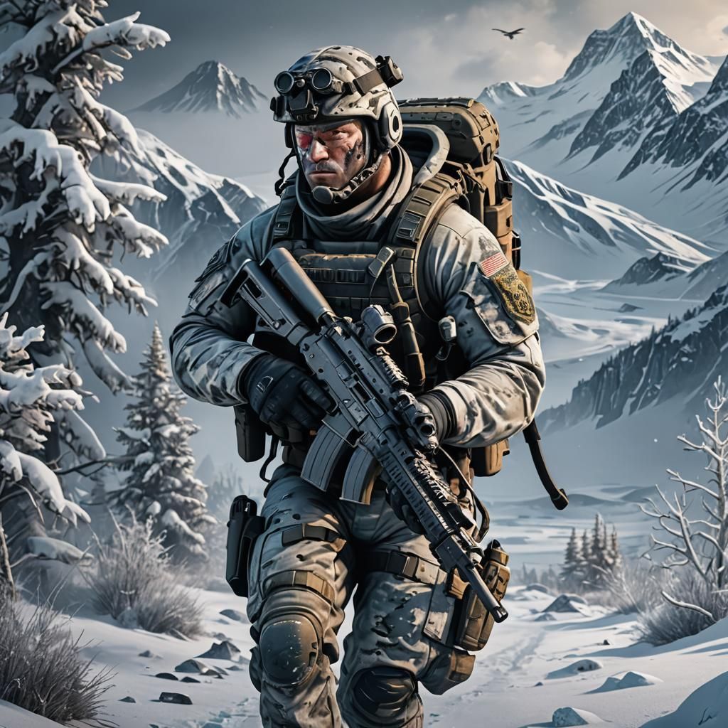 Arctic Soldier in Winter Landscape: Detailed Matte Painting