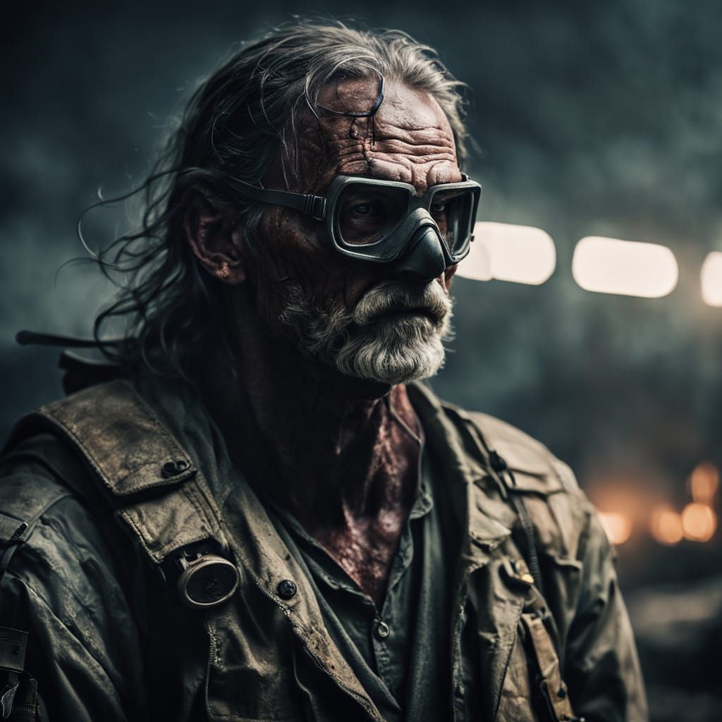 Cybernetic War Hero in Gritty Apocalyptic Landscape