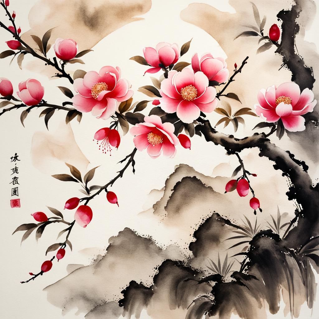 Camellia in Chinese Ink Painting Style