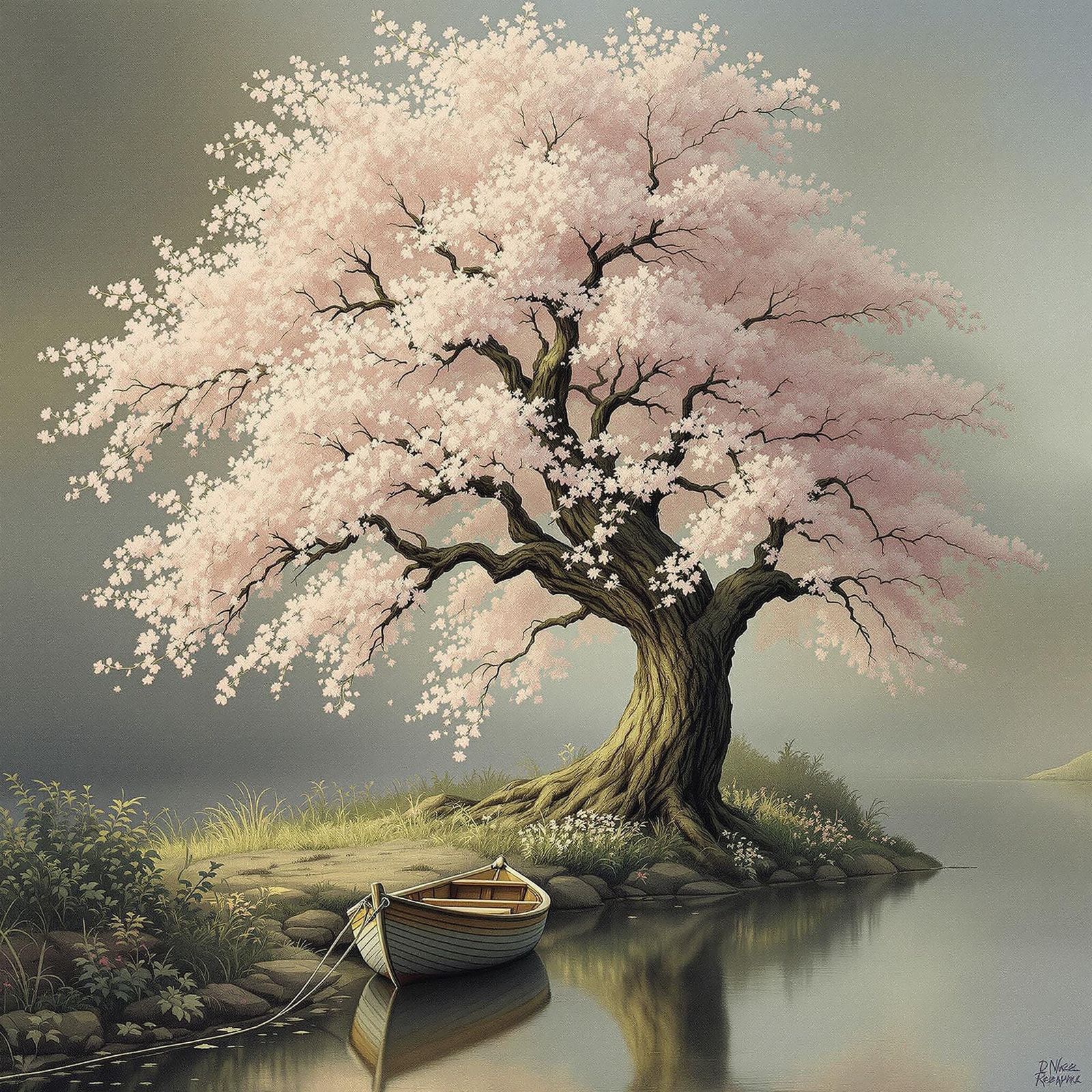 Ethereal Landscape with Majestic Tree and Cherry Blossoms