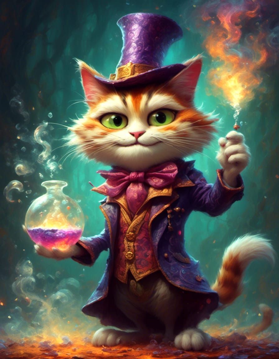 Happy Cat Wizard Surrounded by Magic