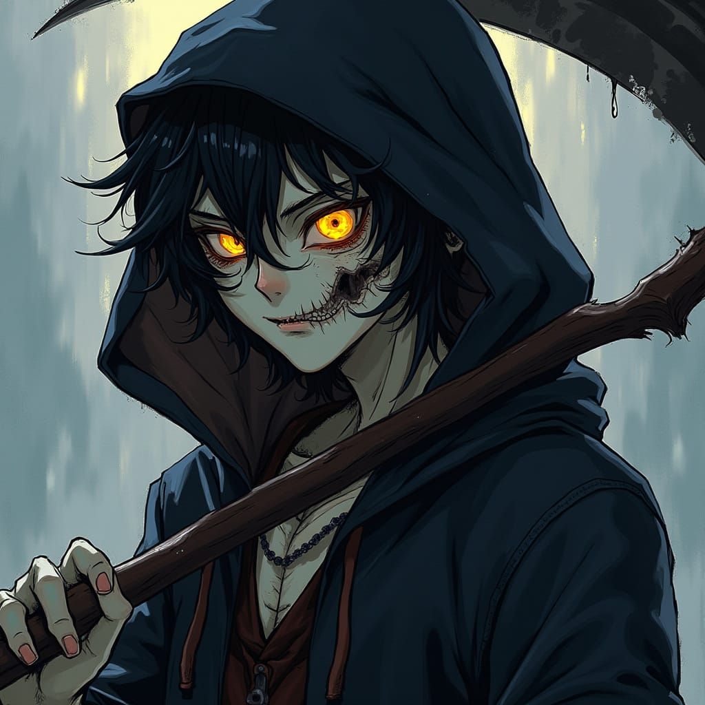 Anime Teen Reaper with Glowing Skull in Dark Fantasy Style