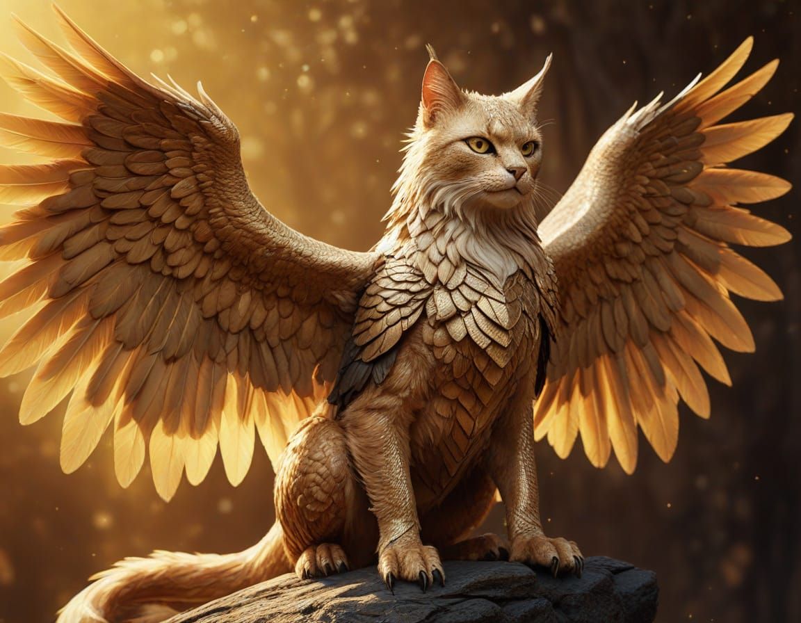 Cat Gryphon Hybrid in Golden Moonlight: Digital Art